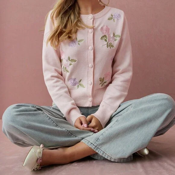 Pink Romantic Women's Floral Embroidered Long Sleeve Knit Cardigan - Picture 6 of 7